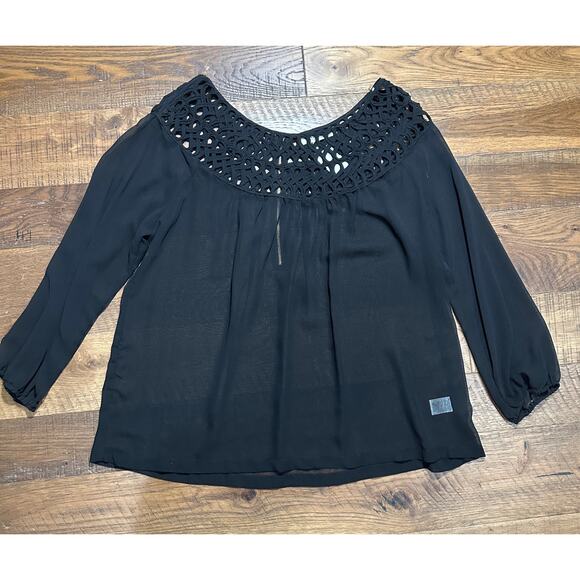 UMGEE Sheer Braided 3/4 Sleeve Black Top - Picture 3 of 5